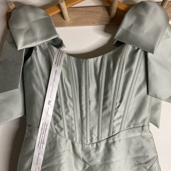 ALFRED SUNG Off Shoulder Bow Satin Corset Fit/Flare Skirt Willow GreenMaxi Dress - Picture 6 of 13